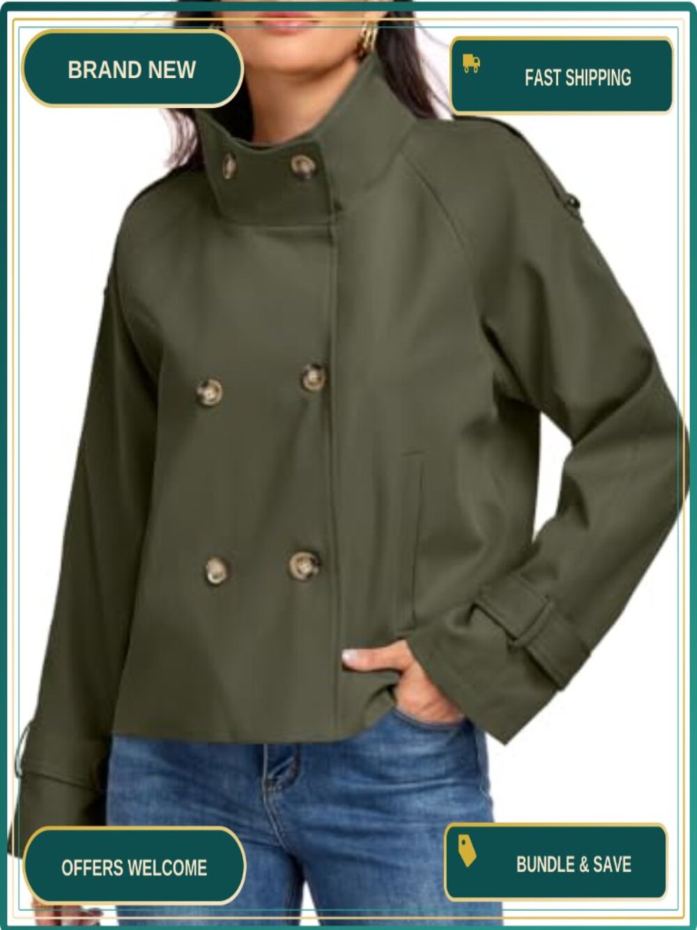 Women's Cropped Trench Coat Funnel Neck Double Breasted Fall Jacket with Pockets